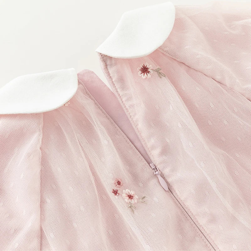Mesh Floral Princess Dress Girls Baby Children 2025 New Autumn Sweet Charm Pink Fashion Long Sleeved Dress DB3242681