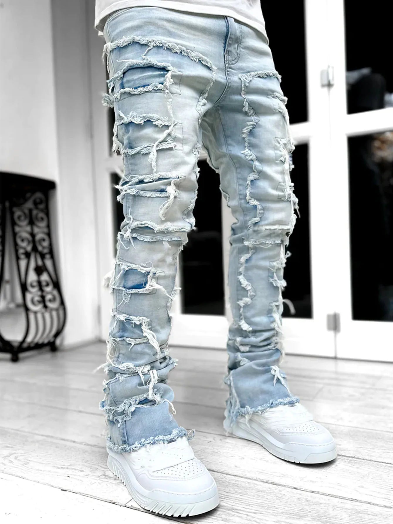 New European and American Heavyweight Streetwise Stretch Patch Jeans for Men, High Street Straight Fit Long Jeans16-3001