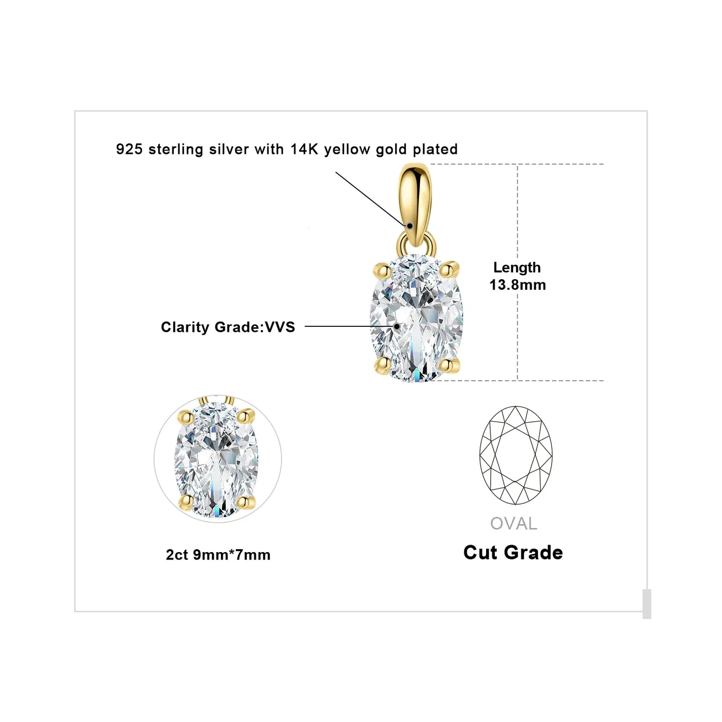 Moissanite D Color 1ct 2ct Oval S925 Sterling Silver Pendant Necklace for Woman No Chain Yellow Rose Gold Plated