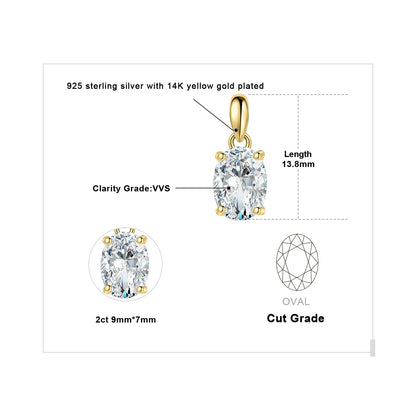 Moissanite D Color 1ct 2ct Oval S925 Sterling Silver Pendant Necklace for Woman No Chain Yellow Rose Gold Plated