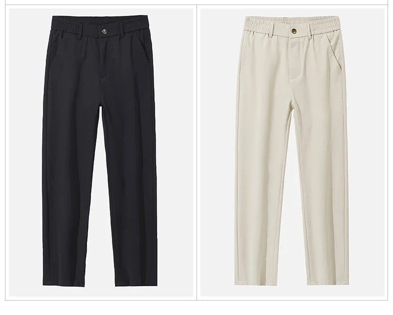 Spring Summer Thin Men's Slim Casual Pants Solid Color Elastic Waist Soft Breathable Business Straight Trousers Black Beige Gray