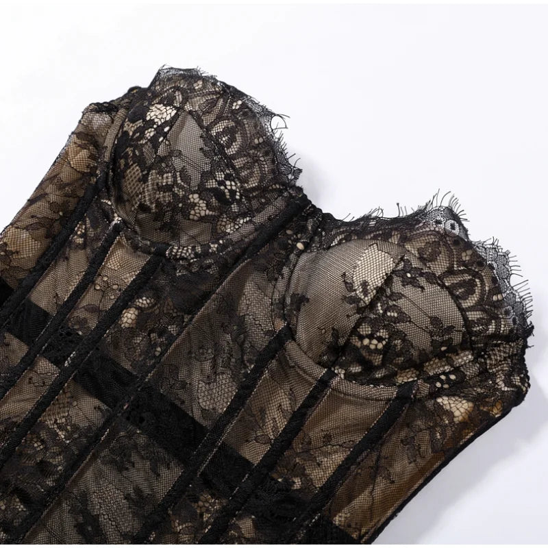 Sexy Women Sheer Lace Corset Top Bodycon Strapless Boned Bustier Sleeveless Back Lace-up Outfit 2026 New Fashion Party Clubwear