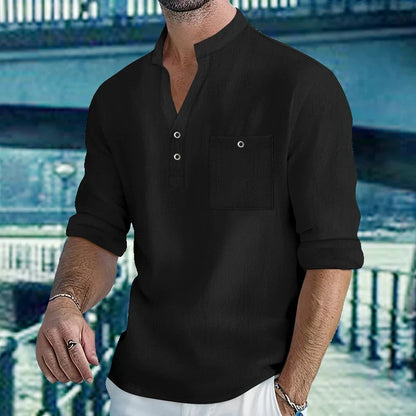 Men Mandarin Collar Long Sleeve Henley Cotton Linen Shirt With Chest Pocket Breathable Lightweight Beach Travel Daily Casual Top
