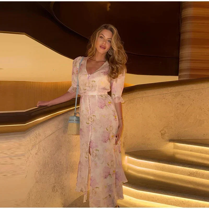 V-neck Organza Floral Chiffon Puff Sleeve Slit Long Dress Bodycon High Slit Bodycon Sexy Dresses Lady Chic Daily Sweet Date Robe
