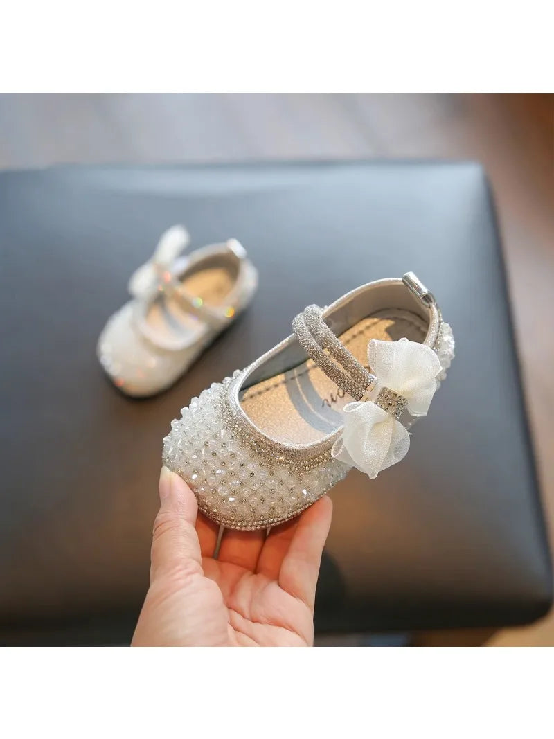 Girls Walking Shoes Lace Mesh Bows Kids Princess Shoes Non-slip Shiny Sequins 2025 New Children Flat Shoes Soft Sole Non-slip