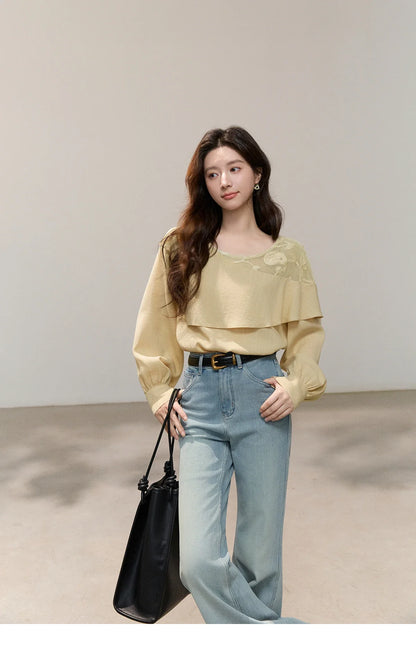 Women's Asymmetric Lace Panel Long Sleeve Blouses 2026 Spring Ruffle Layered Cew Neck Casual Loose Blouse MXF14X2545