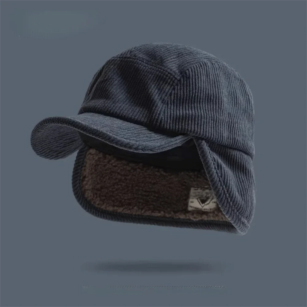 Versatile Retro Bomber Hats Fleece-Lined Warm Corduroy Caps Windproof Earflap Lei Feng Caps Autumn Winter Men Women Wear