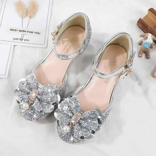 Children's Sandals for Party Wedding Elegant Bowknot Kids Girls Versatile Sequins High-heels Fashion Pearl Princess Single Shoes