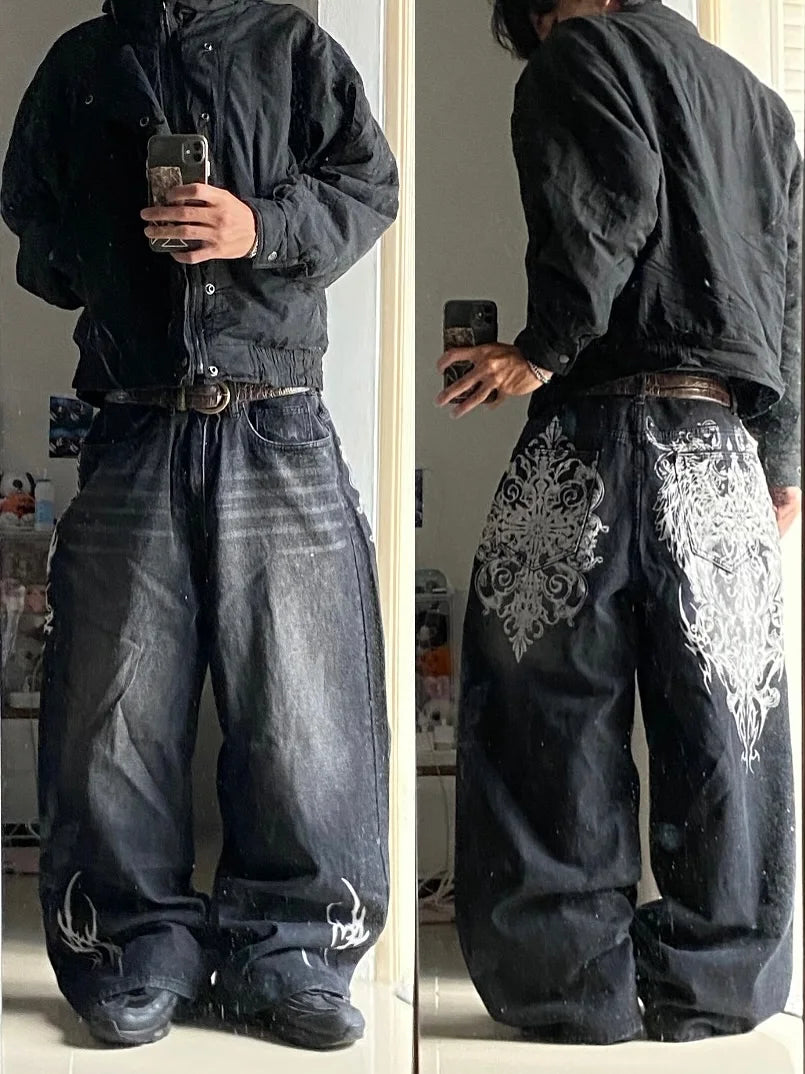 vintage style printing black baggy jeans harajuku trend men women hip hop fashion casual Joker couple Wide-leg pants streetwear