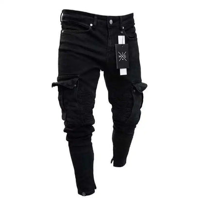 Mens Stretchy Skinny Ripped Jeans Men Side Pocket Washed Slim Denim Pants Biker Jeans Fashion Sweatpants Hip Hop Trousers Jogger