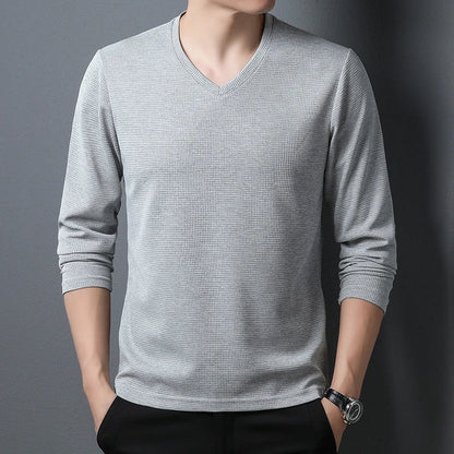 Minimalist Men's V-neck Long Sleeve T-shirt Soft Knitted Fabric Comfortable Top for All Seasons