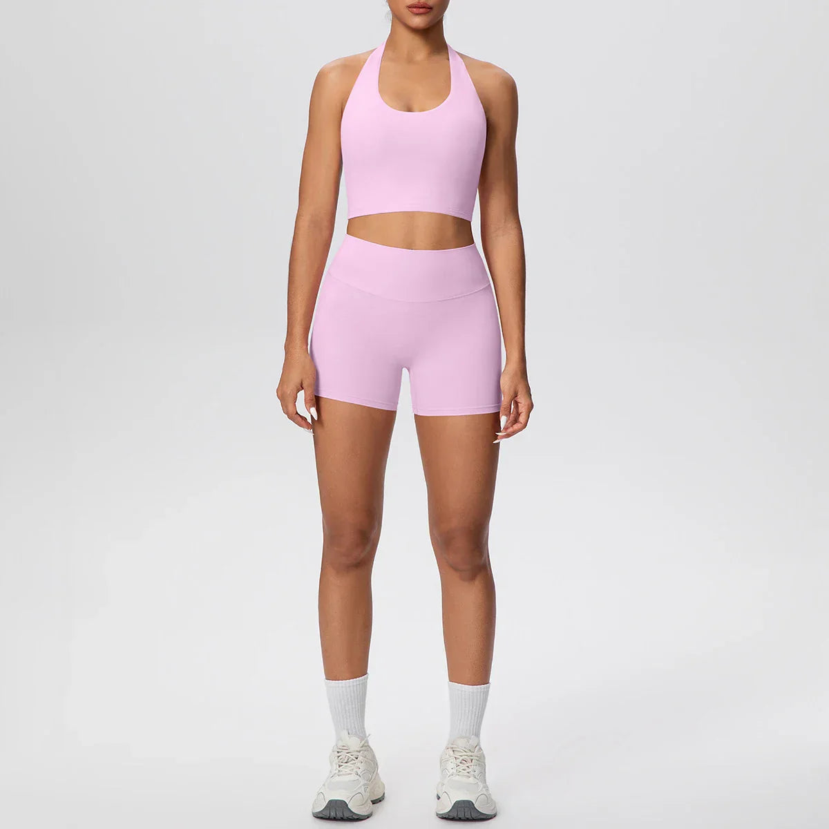 2picese Women Yoga Suit Solid Color High Waist Hip Push Up Fitness Shorts Sexy Pilates Backless Gym Hanging Neck Bra Yoga Set