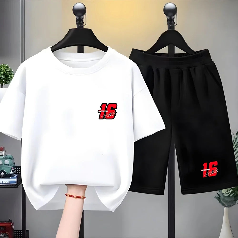 Summer Kids T-Shirt White Round Neck Tops+Shorts Boy Girl Charles Leclerc Racing Car No. 16 Clothing Sets Casual Cool Tees