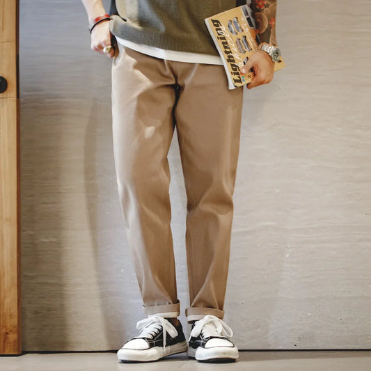 Men Khaki Raw Jeans 11.7OZ Redline Selvedge Denim Jeans Amekaji Straight Pants Male Casual Trousers Hombre Solid Pants