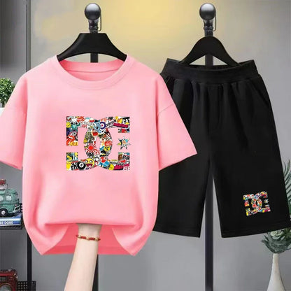 Kids Summer T-Shirt Sets Girls White Boy Black Red Casual T-Shirt+Shorts Printed Kids Outfits Teen Children's Loose Short Sleeve