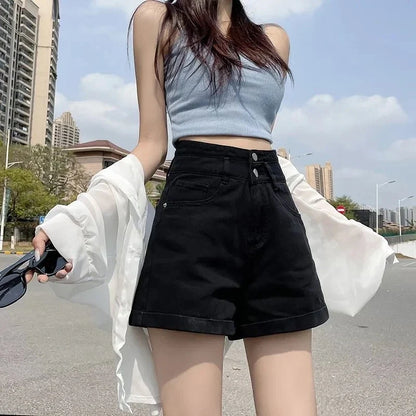 Double-Buckled Straight-Leg Short Jeans Women's Spring/Summer Loose Cuffed Wide-Leg Denim Shorts Trendy Y2K Mini Skirt Cuteore
