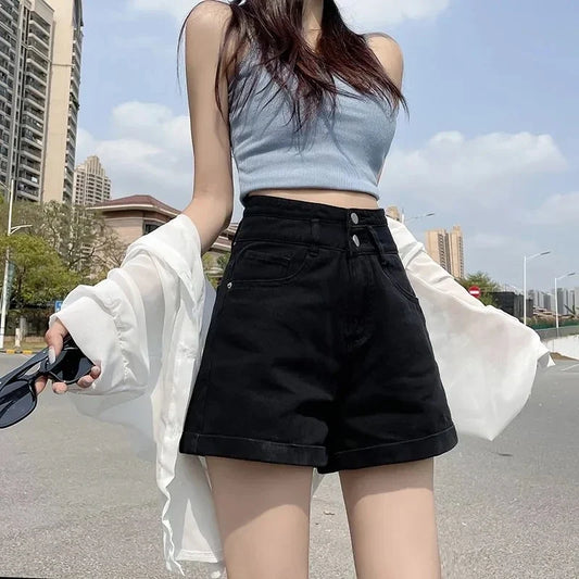 Double-Buckled Straight-Leg Short Jeans Women's Spring/Summer Loose Cuffed Wide-Leg Denim Shorts Trendy Y2K Mini Skirt Cuteore