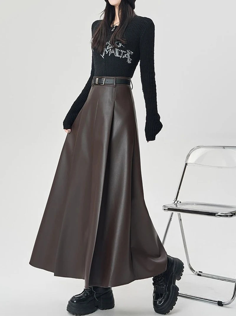 Vintage PU leather women midi skirts Y2K Autumn high waist Streetwear with belt pleated Skirt female elegant Solid A line skirts