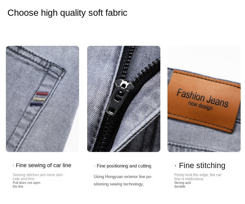 2024 Brand Thin or Thick Material Straight Cotton Stretch Denim Men's  Business Casual High Waist Light Grey Blue Jeans