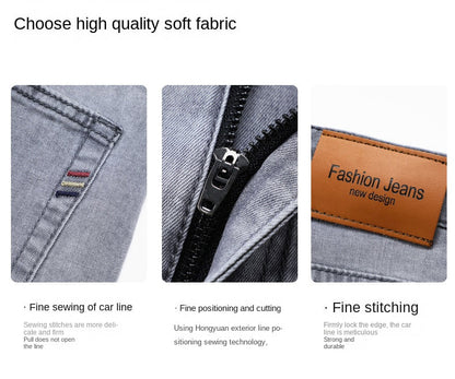 2024 Brand Thin or Thick Material Straight Cotton Stretch Denim Men's  Business Casual High Waist Light Grey Blue Jeans