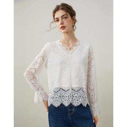 2025 Spring Elegant Hollow Lace Shirt Fashionable Pullover Shirt V-neck Long Sleeve Hooded Women's Shirt