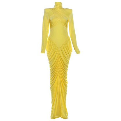 Autumn New Style Maxi Dress Women Turtleneck Full Sleeve Backless Skinny Stretch  Prom Party Ruched Elegant Vestidos