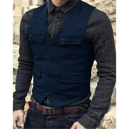 Men Vest V Neck Classic Steampunk Suit Wool Tweed Notch Lapel Thick Tweed For Wedding Groom Banquet Waistcoat