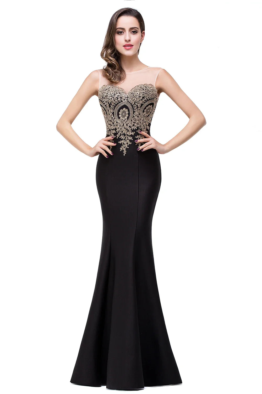 Elegant Mermaid Evening Dress Women Golden Appliques Lace Royal Blue Sweetheart Illusion Wedding Party Prom Gowns Robe de Soiree