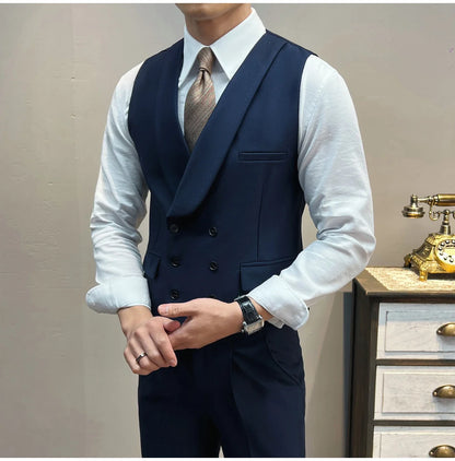 ( Vest + Pants) High-end Brand Solid Color Suit Vest 2 pieces Men Luxury Double Breasted Design Fashion Vest Set Club Clothing