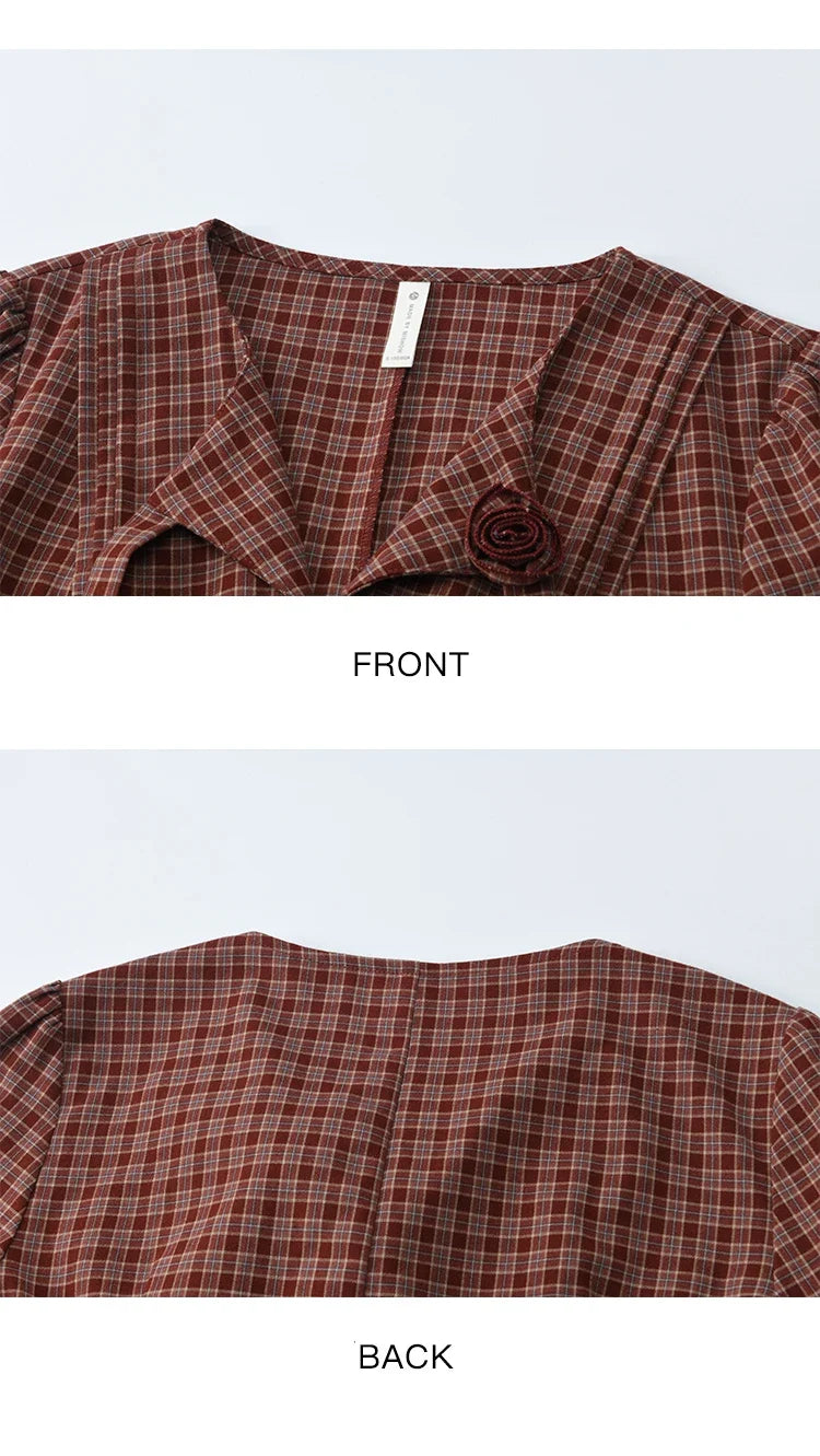 Women's Red Tied Plaid Shirt 2025 Autumn New Arrival Sweet 3D Floral Turn-Down Collar Long-Sleeve Blouse Women MXE45X2481