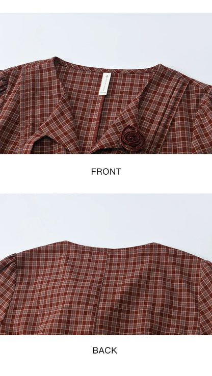 Women's Red Tied Plaid Shirt 2025 Autumn New Arrival Sweet 3D Floral Turn-Down Collar Long-Sleeve Blouse Women MXE45X2481