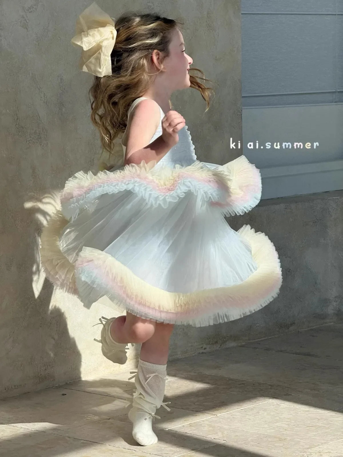 Sweet Baby Girls Elegant Rainbow Gradient Tutu Princess Cake Sundress Kids Tulle Ruffle Trim Puffy Birthday Party Casual Gown