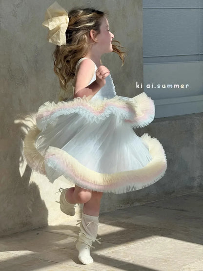 Sweet Baby Girls Elegant Rainbow Gradient Tutu Princess Cake Sundress Kids Tulle Ruffle Trim Puffy Birthday Party Casual Gown