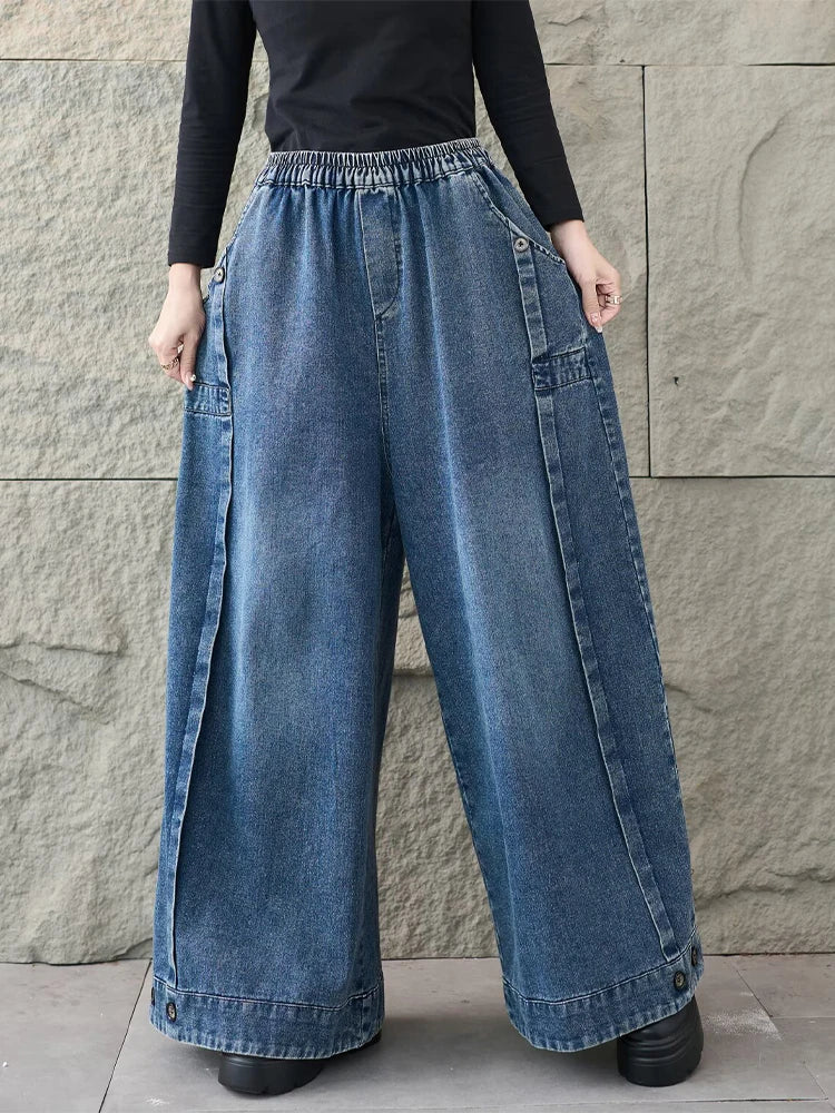 2026 Spring Fashion Classic Denim Pants Ladies Vintage Soild Casual Jeans Women Loose Elastic Waist Wide Leg Trousers