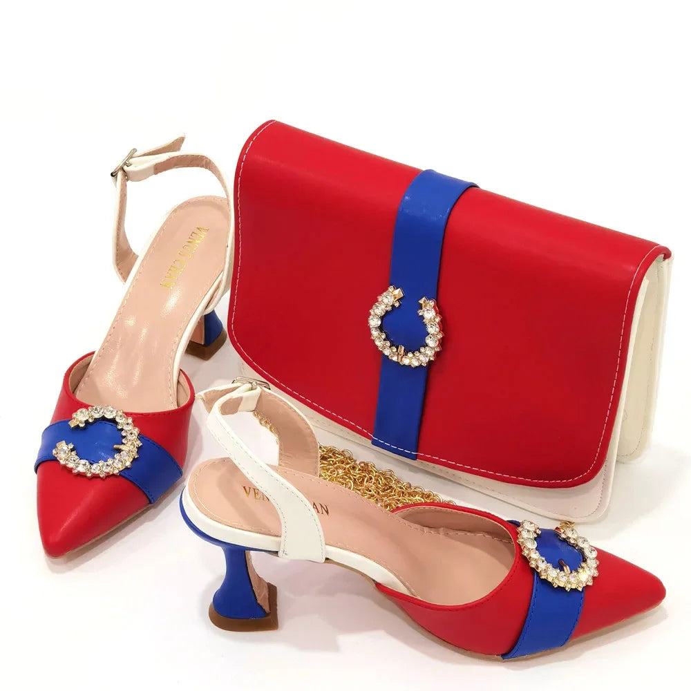 2022 Italian Design Leather Colorblock Pointed Toe High Heel Women's Sandals Fashion Everyday Matching Shoes and Bag Sets