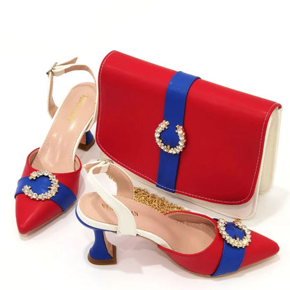 2022 Italian Design Leather Colorblock Pointed Toe High Heel Women's Sandals Fashion Everyday Matching Shoes and Bag Sets