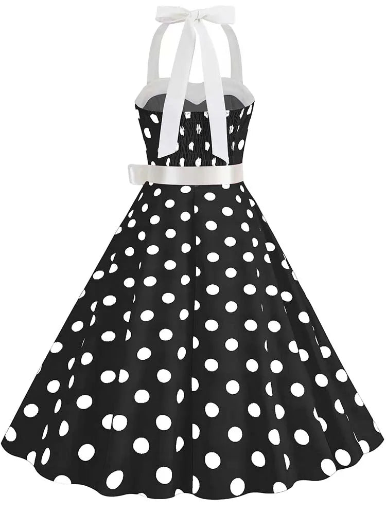 Women Summer Party Dress With Belt Polka Dot Print Halter Hepburn Robe 50s 60s Vintage Dresses