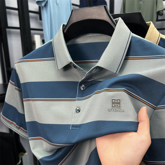 Light luxury striped color blocked short sleeve polo shirt brand symbol emboss high-end casual summer silky smooth men's T-shirt