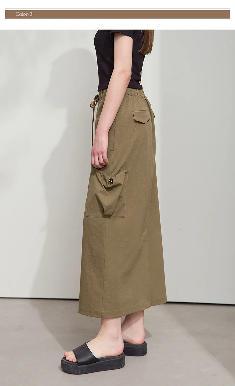 Minimalist Women Clothing Skirt 2025 Autumn New Casual Loose Multi-pocket Drawstring Elastic Waist Long Skirt 12522020