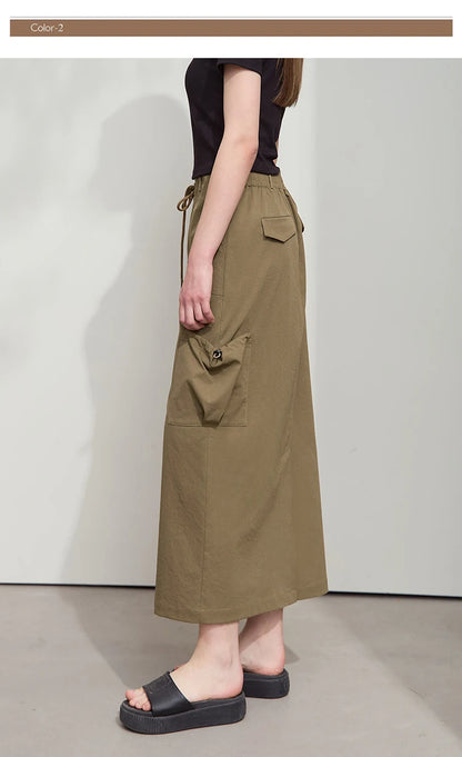 Minimalist Women Clothing Skirt 2025 Autumn New Casual Loose Multi-pocket Drawstring Elastic Waist Long Skirt 12522020