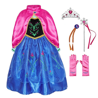Disney Anna Dress with Cape for Kids Girl Carnival Princess Disguise Frozen Party Clothing Girls Hallloween Anna Gown Prom Dress