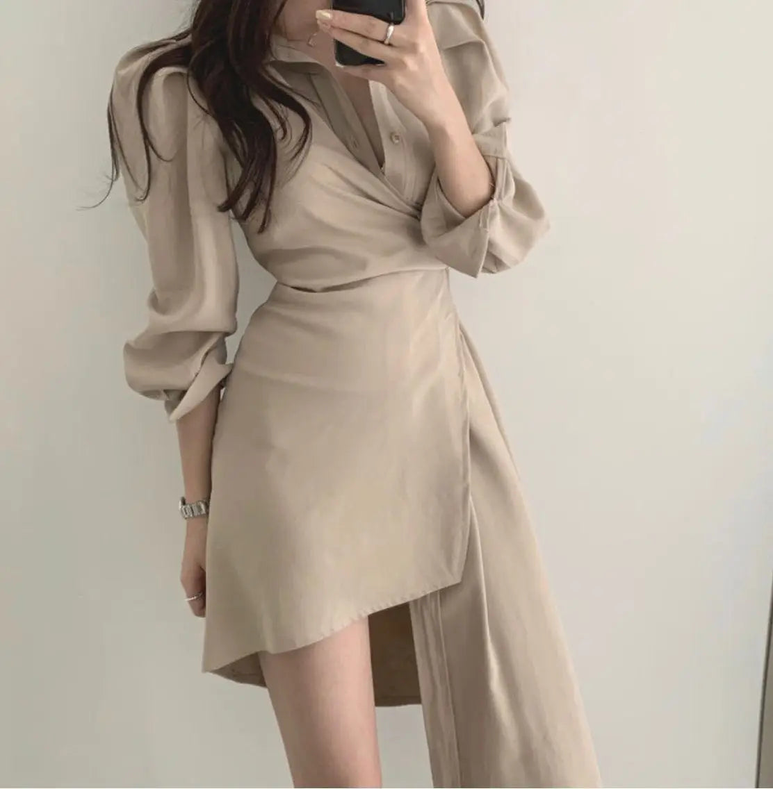 Early Autumn Shirt Dress Women's Mid-Length Asymmetrical Single-Button Notch Collar Slimming Style Commute Fashion