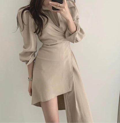 Early Autumn Shirt Dress Women's Mid-Length Asymmetrical Single-Button Notch Collar Slimming Style Commute Fashion