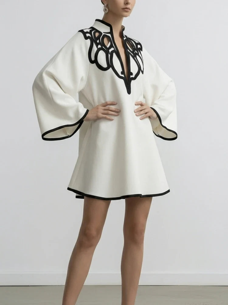 Freeacy Hollowed V-neck Mini Dress for Women Flared Sleeves A-line Pleated Dress 2026 Stylish Contrast Trims Elegant Party Dress