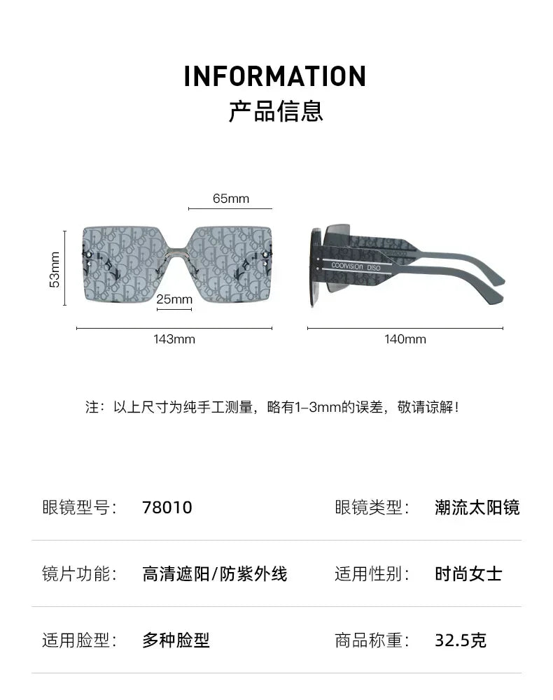 New Fashion Rimless Sunglasses Women Large Frame One Piece Sun Glasses Ladies Luxury Letter Coated Eyewears Gafas De Sol UV400