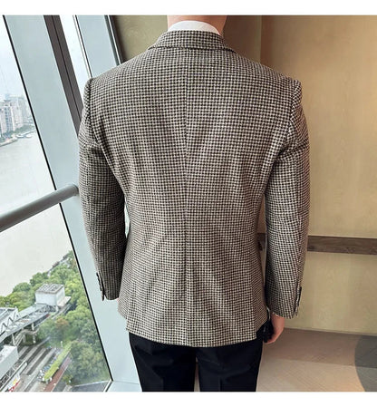 British Style Men Double Breasted Slim Fit Blazer 2024 New Houndstooth Slim Fit Suit Jacket Formal Business Wedding Dress Jacket