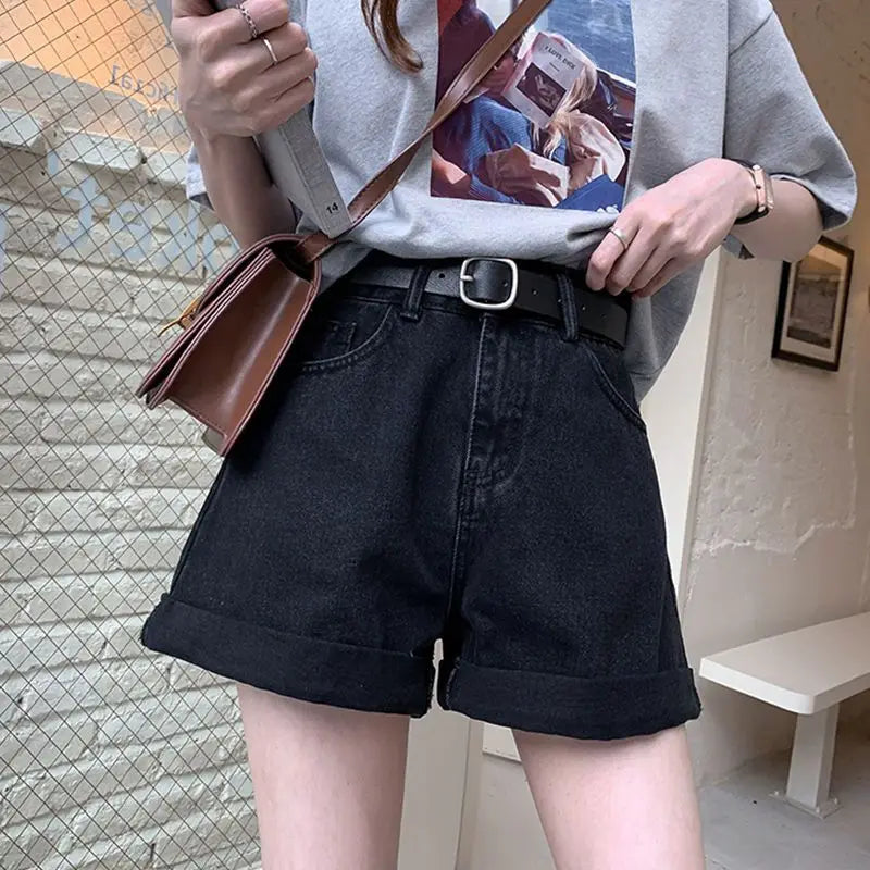 Women's Denim Shorts Wide With Belt High Waist Female Short Jeans Pants Trend 2025 New In Offer Aesthetic Hot Elasticty Outfits