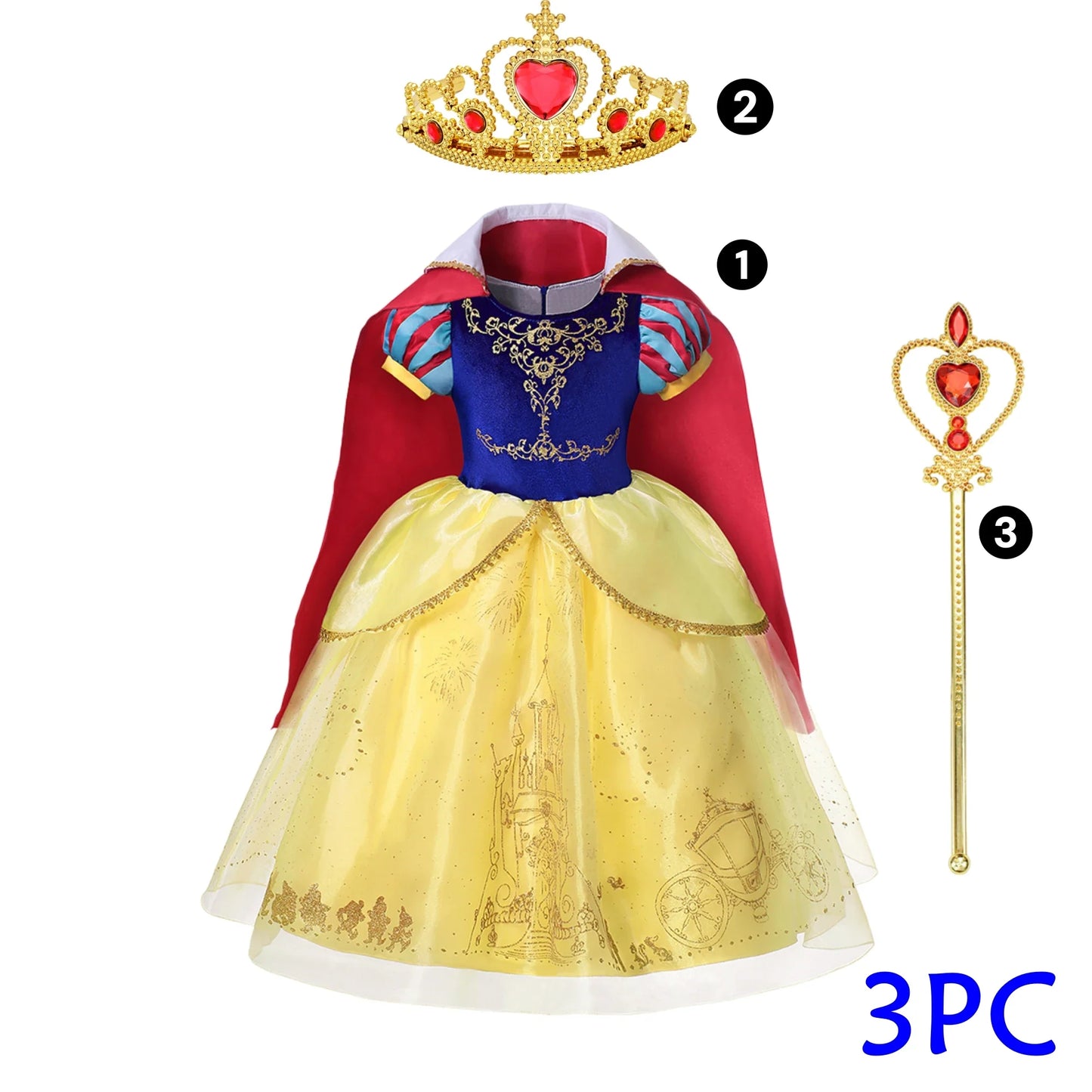 Deluxe Snow White Gown Set with Accessories Princess Costume Fairy Cosplay for Girls Kids Toddler Carnival Party Vestido