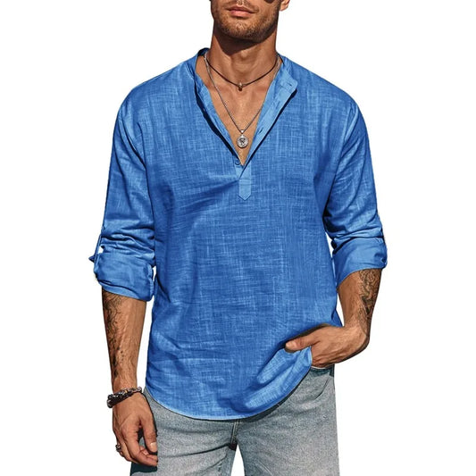Mens Long Sleeve Cotton Shirt Linen Stand Collar T-shirts Lightweight Breathable Streetwear Half Button Hawaiian Large Shirt