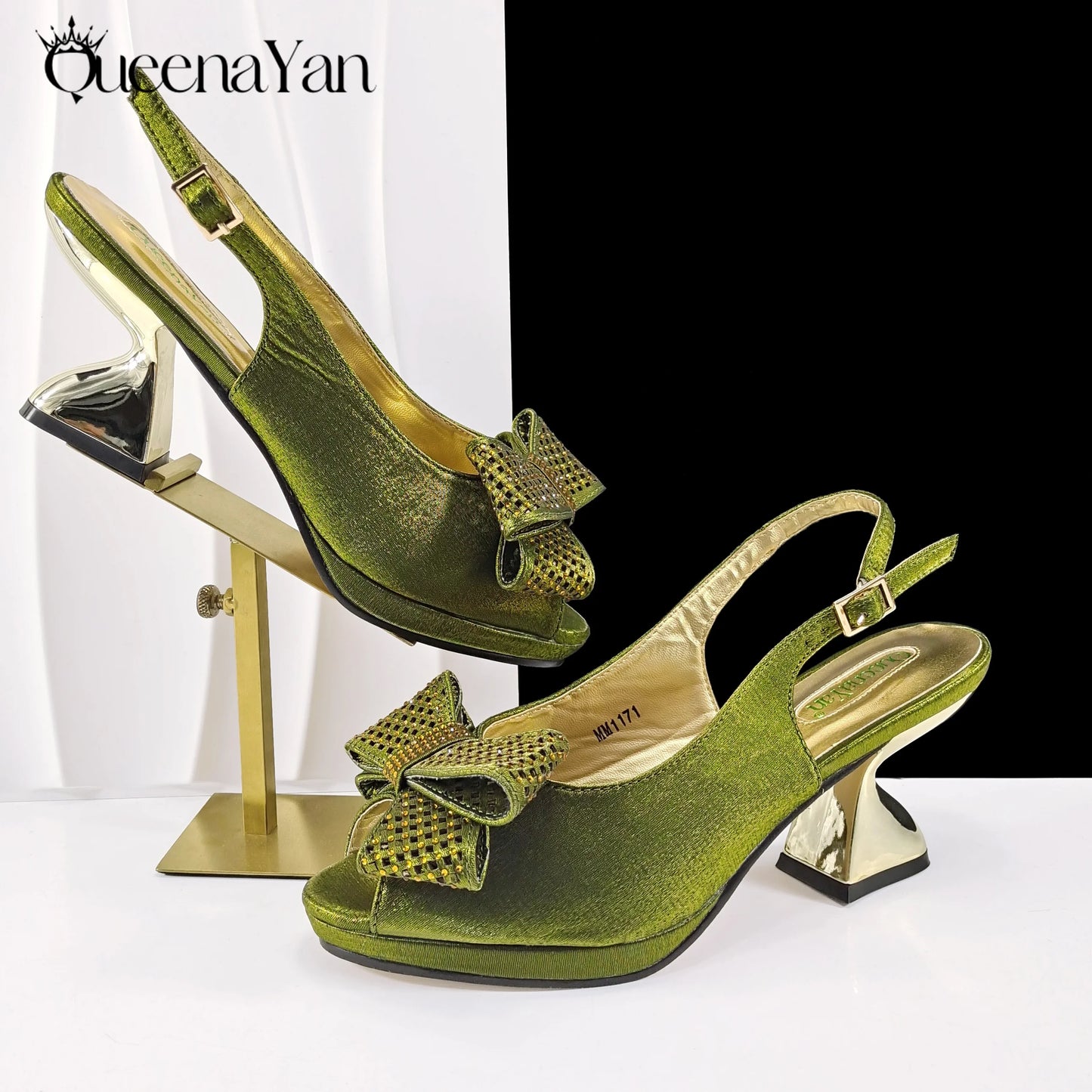 2025 New Rhinestone Design African Shoes & Bag Set in Olive  Open Toe Comfortable Women's High Heels Hot Sale on Instagram